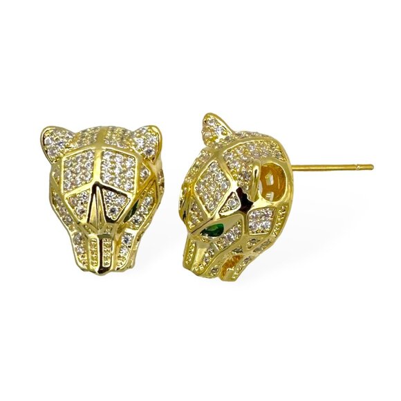 GOLD PANTHER PIERCED EARRINGS WITH PAVE CZ'S AND EMERALD CRY EYES - Picture 1 of 1